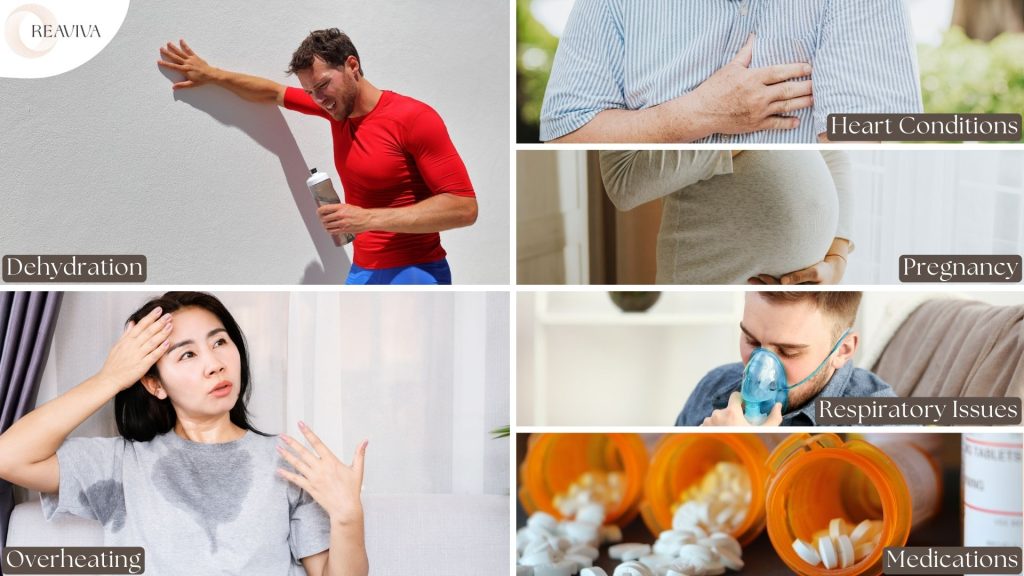 Collage infographic by Reaviva highlighting risks and individuals who should avoid sauna usage, including dehydration, overheating, heart conditions, pregnancy, respiratory issues, and medications, with relevant visuals for each risk.